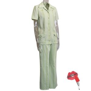 Vintage 70s Set Women Green Stripes No Brand Sz Tag 2Pc Top Pants Mod MCM Hippie
